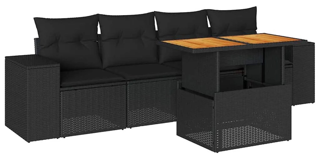 5 részes fekete polyrattan kerti kanapészett párnákkal