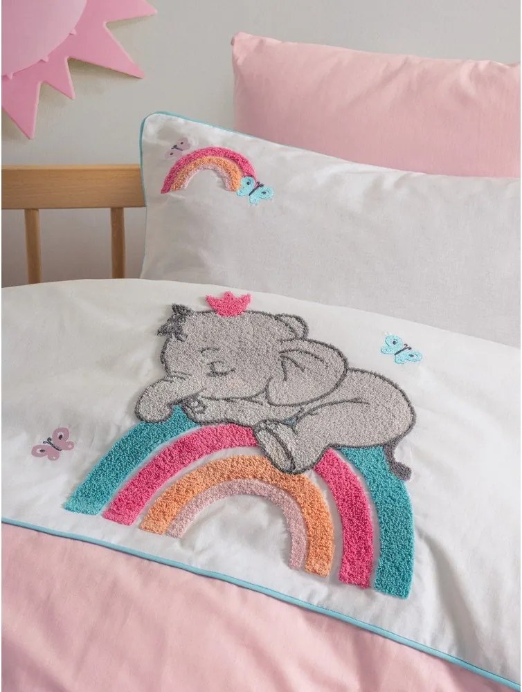 Fehér-rózsaszín négyrészes pamut gyerek ágyneműhuzat babaágyhoz lepedővel 100x150 cm Lucky – Mijolnir