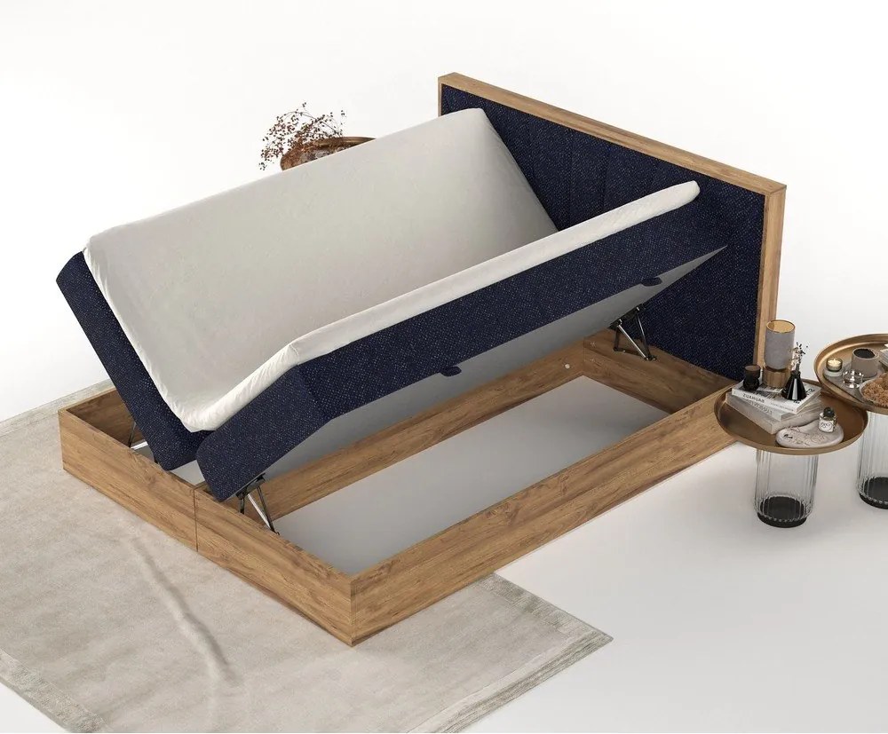 Sötétkék-natúr színű ágyneműtartós boxspring ágy 200x200 cm Asahi – Maison de Rêve