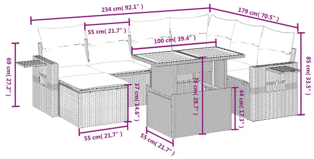 8 részes bézs polyrattan kerti ülőgarnitúra párnával