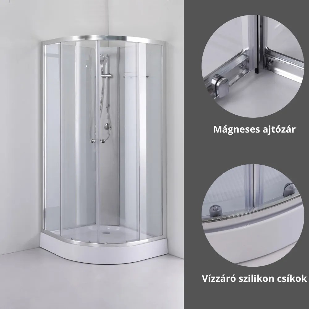 Stuxi Genova 80x80 cm íves két tolóajtós fehér hátfalas zuhanykabin 5 mm üveggel zuhanytálcával és csapteleppel