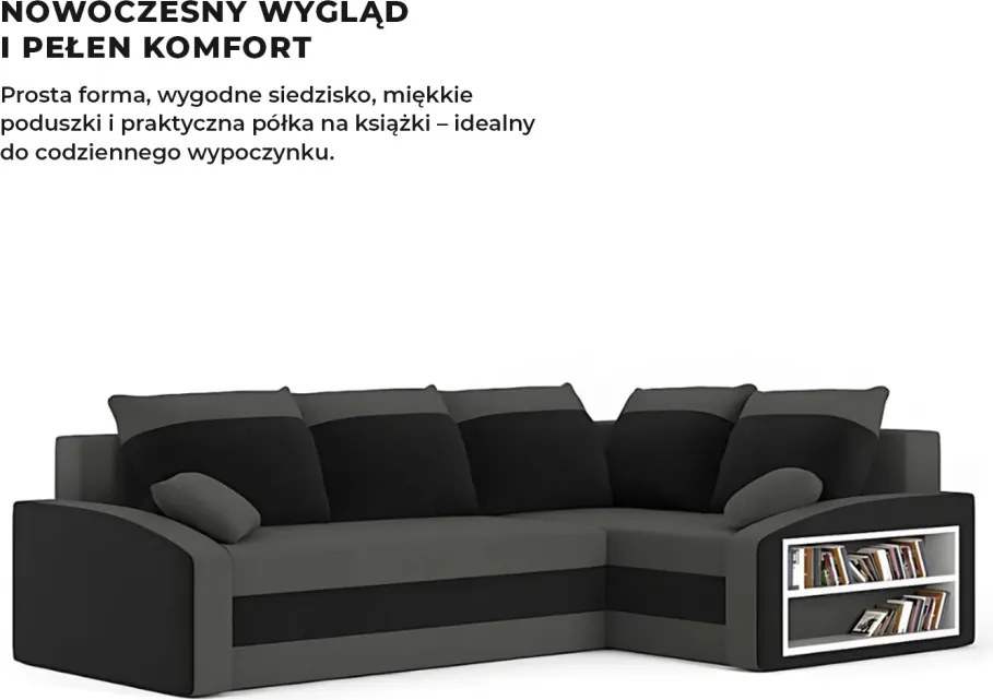 Grande sarokkanapé polcokkal , polc a jobb karfaban, jobboldali, szövet anyag, hab töltet, szürke - fekete