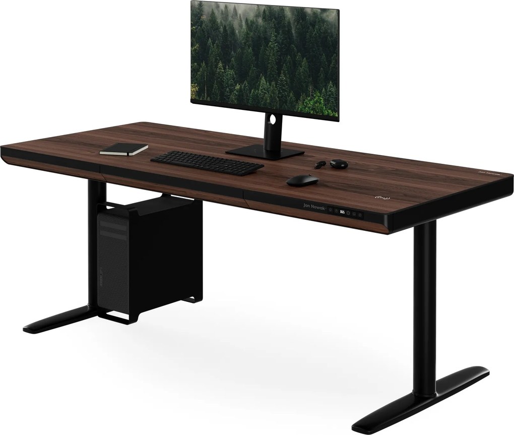 Elektromos ülő-álló íróasztal fiókkal és Qi vezeték nélküli töltővel fekete/dió, 1600 mm: ELLIS