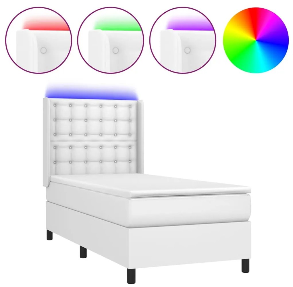 fehér műbőr rugós ágy matraccal és LED-del 80 x 200 cm