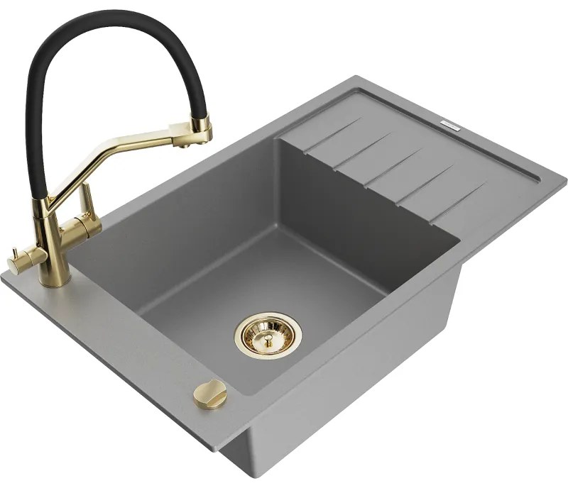 Mexen Elias egykamrás gránit mosogató csepptálcával és Duo konyhai csapteleppel, szürke - 6511-71-671701-57-G