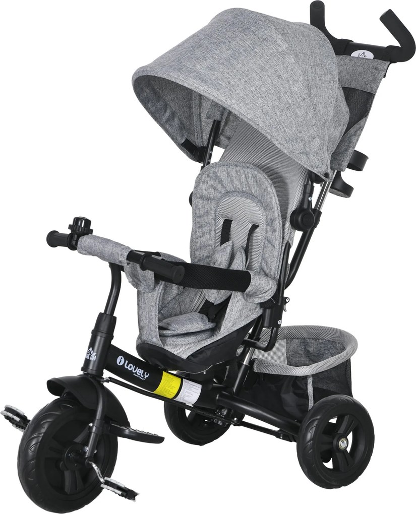 HOMCOM 6 az 1-ben Tricikli Tolófogantyúval, Gyerek Tricikli Levehető Napernyővel, Párnával, 5-Pointos Biztonsági Övvel, Kosárral, Pohártartóval, 1-5 É