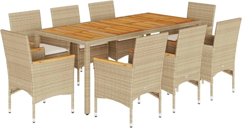 vidaXL 9 részes bézs polyrattan/akácfa kerti étkezőgarnitúra párnákkal