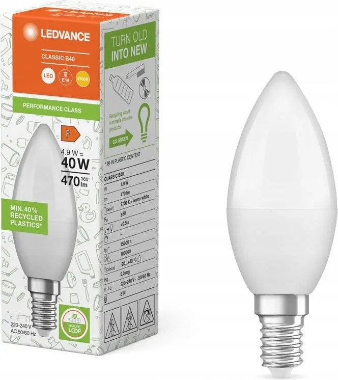 Led izzó Gyertya E14 B37 4.9W 40W 470lm 2700K Meleg 220° Ledvance