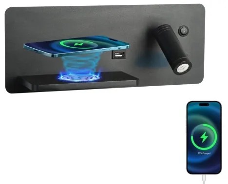 Immax 08288L-LED fali lámpa polccal, USB-vel és vezeték nélküli töltővel, LED/3W