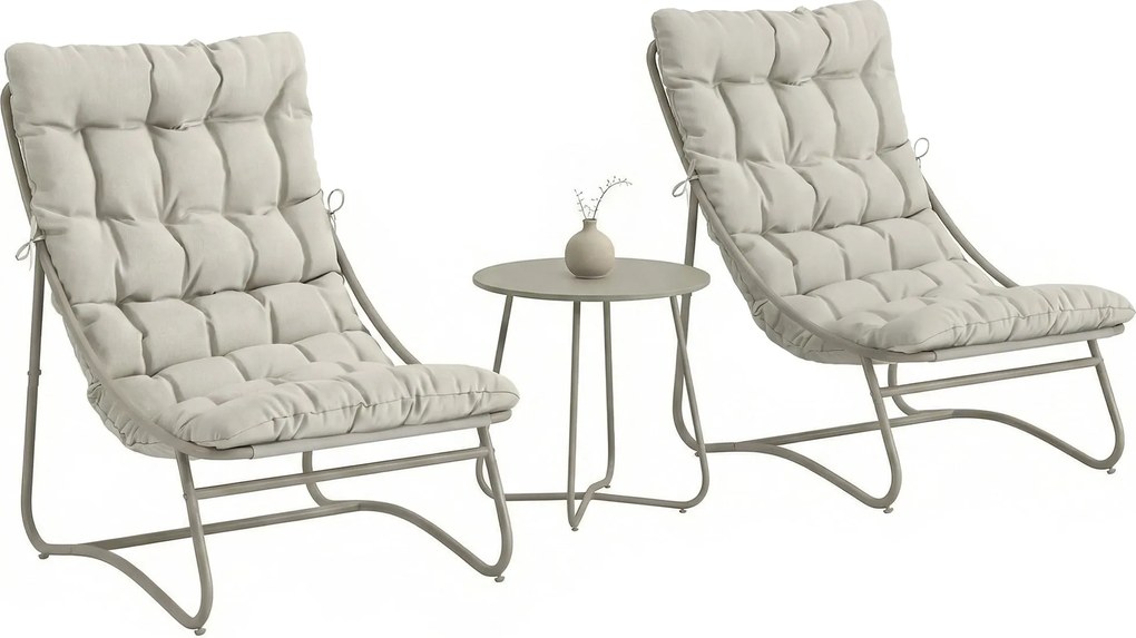 Outsunny 3 részes kültéri bistro szett párnákkal — 2 légáteresztő fotel és kerek kisasztal, porfestett horganyzott acél váz, világosszürke | Aosom