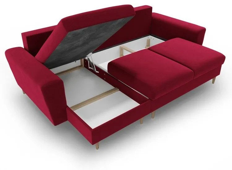 Piros bársony kinyitható tárolóhelyes sarokkanapé Kyoto – Cosmopolitan Design