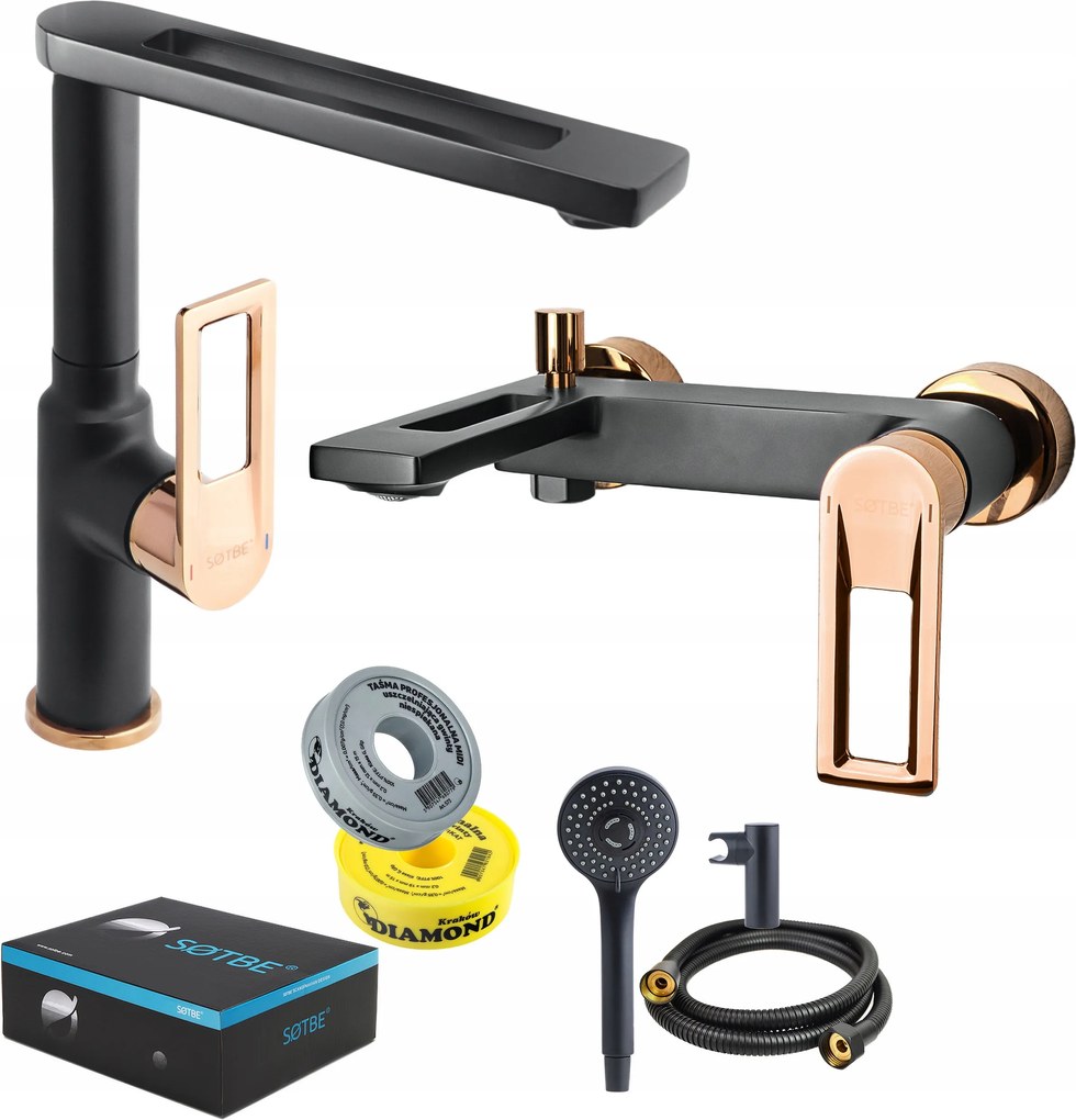 Kádtöltő csaptelep mosdóval fekete arany Loft zuhanyszett szett