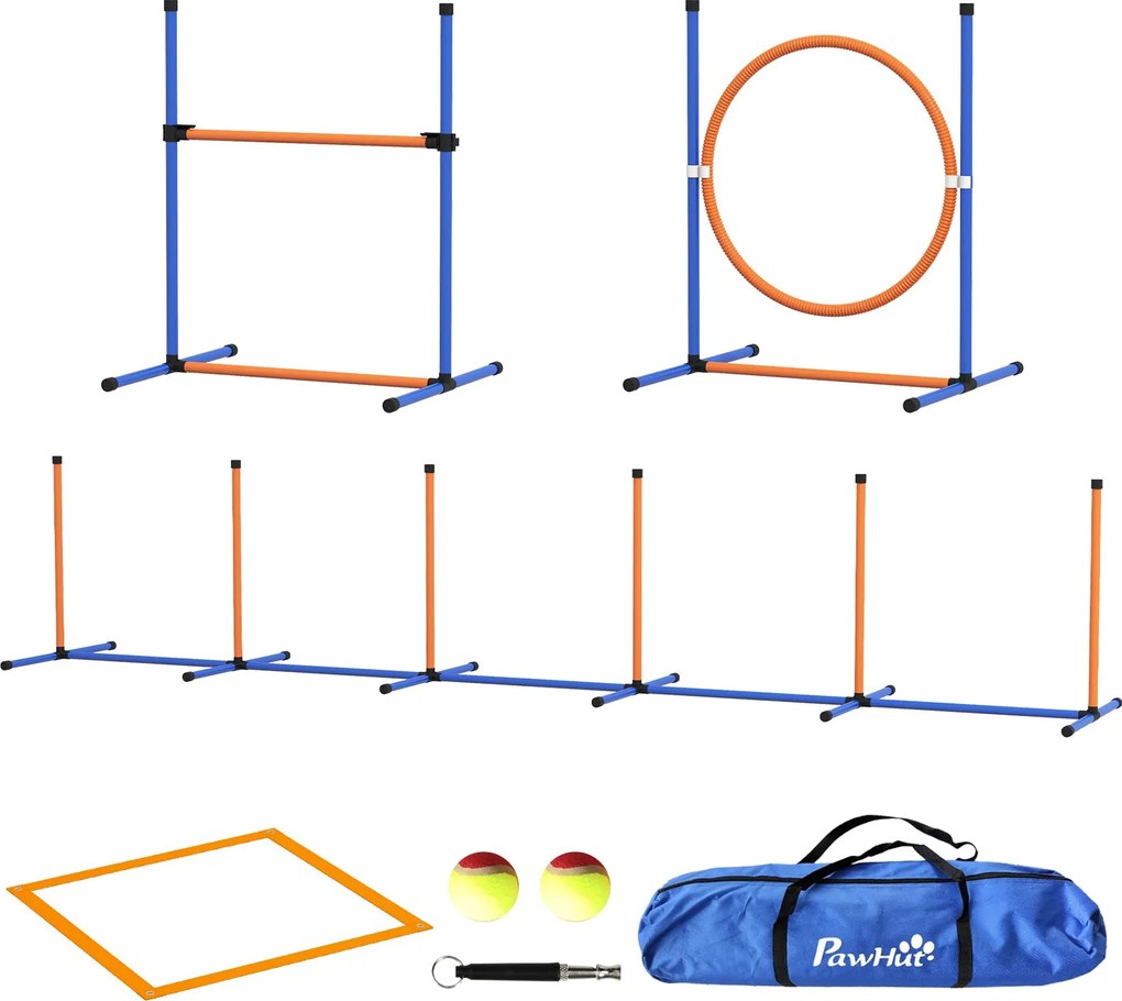 PawHut Kutya Agilitási Szett, 4 Részes Kutya Képzési Szett Állítható Magasságú Agilitási Küzdőkkel, Kanyargó Polcokkal, Megállító Dozzal, Ugráló Gyűrű