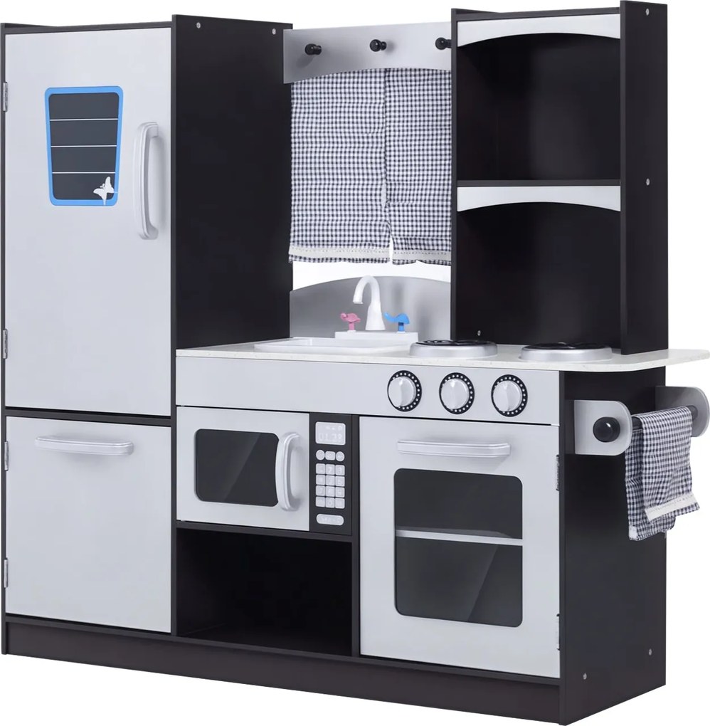 HOMCOM Nagy Fa Játék Konyha 3 Év Feletti Gyerekeknek Tartozékokkal - Gyerekeknek Szánt Játék Konyha Mikrohullámú Sütő, Mosogató 105x31.5x95 cm Ezüst é