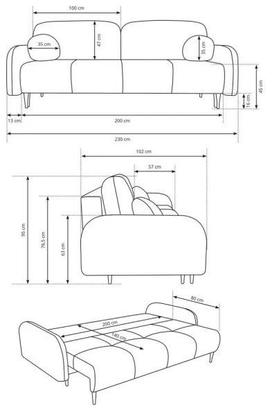 CLOUDY kihúzható kárpitozott háromszemélyes kanapé, türkiz