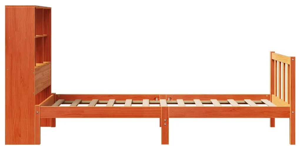 barna tömör fenyőfa könyvespolcos ágy matrac nélkül 90 x 190 cm