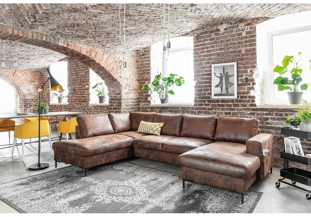 Lofty Lilly Vintage barna kinyitható U alakú bőrutánzat kanapé, bal oldali - Miuform