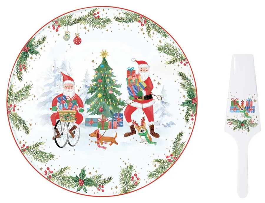 Joyful Santa porcelán karácsonyi kerek tortatál lapáttal, 32cm, díszdobozban
