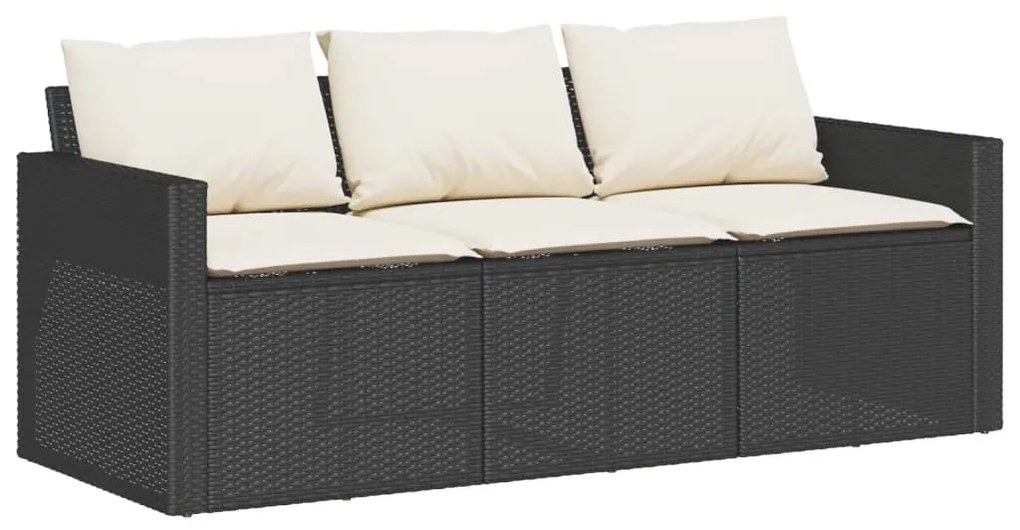 Fekete 3 személyes polyrattan kerti kanapé párnákkal