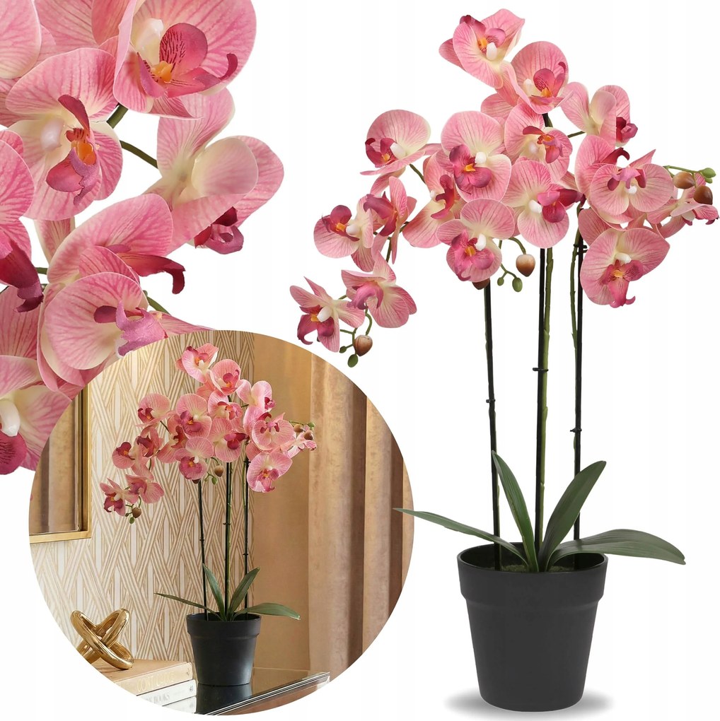 Rózsaszín mesterséges orchidea Orchidea cserépben Mint Élő 3 hajtás Nagy 62 cm
