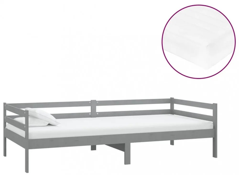 szürke tömör fenyőfa dívány matraccal 90 x 200 cm