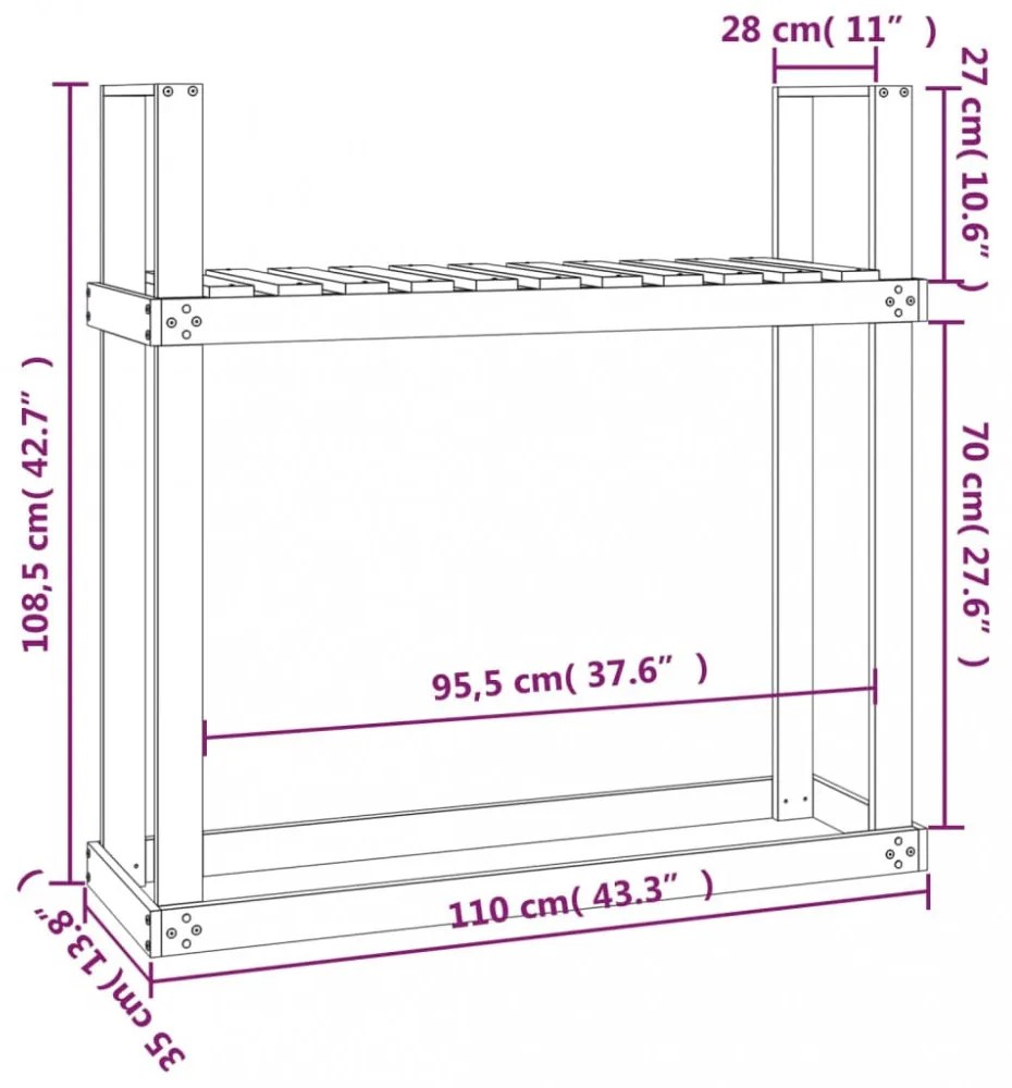 fekete tömör fenyőfa tűzifatartó állvány 110x35x108,5 cm