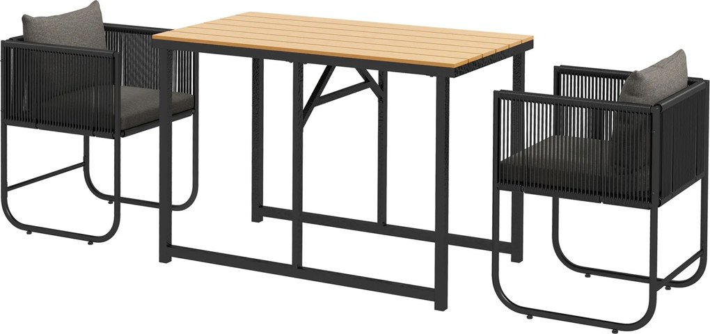Outsunny 3 részes kültéri kertészett 1 asztallal és 2 székkel, 4 párnával, fekete fa hatású kompozit asztallappal | Aosom