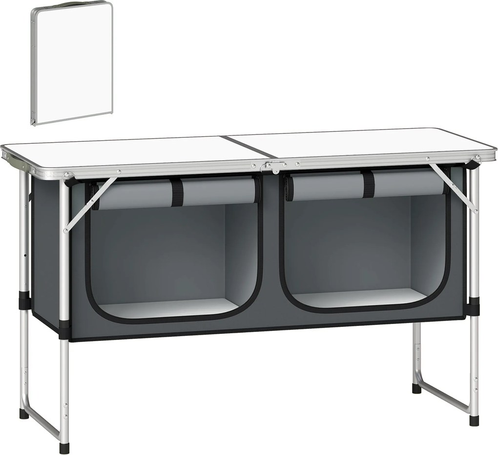 Outsunny összecsukható kemping konyhaasztal Oxford szövet szekrénnyel, alumínium váz — 120 x 47 x 70 cm, ezüst | Aosom