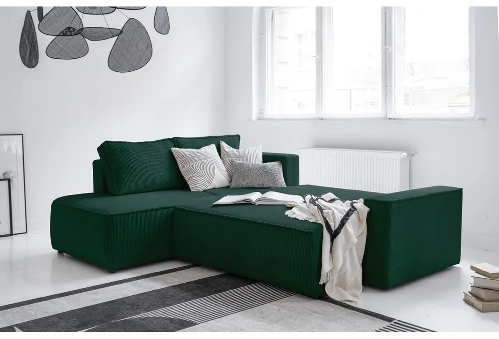 Sötétzöld kordbársony kinyitható sarokkanapé (bal oldali) Brave Dave – Miuform