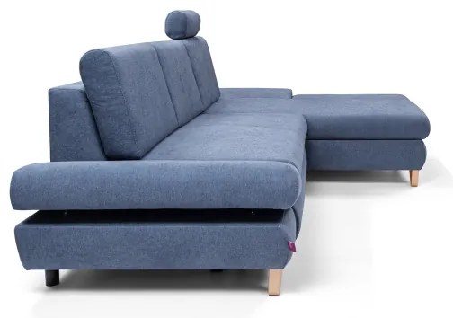 Ágyazható kárpitozott L-alakú sarok ülőgarnitúra tárolóhellyel AVESTA, jobbos, kék