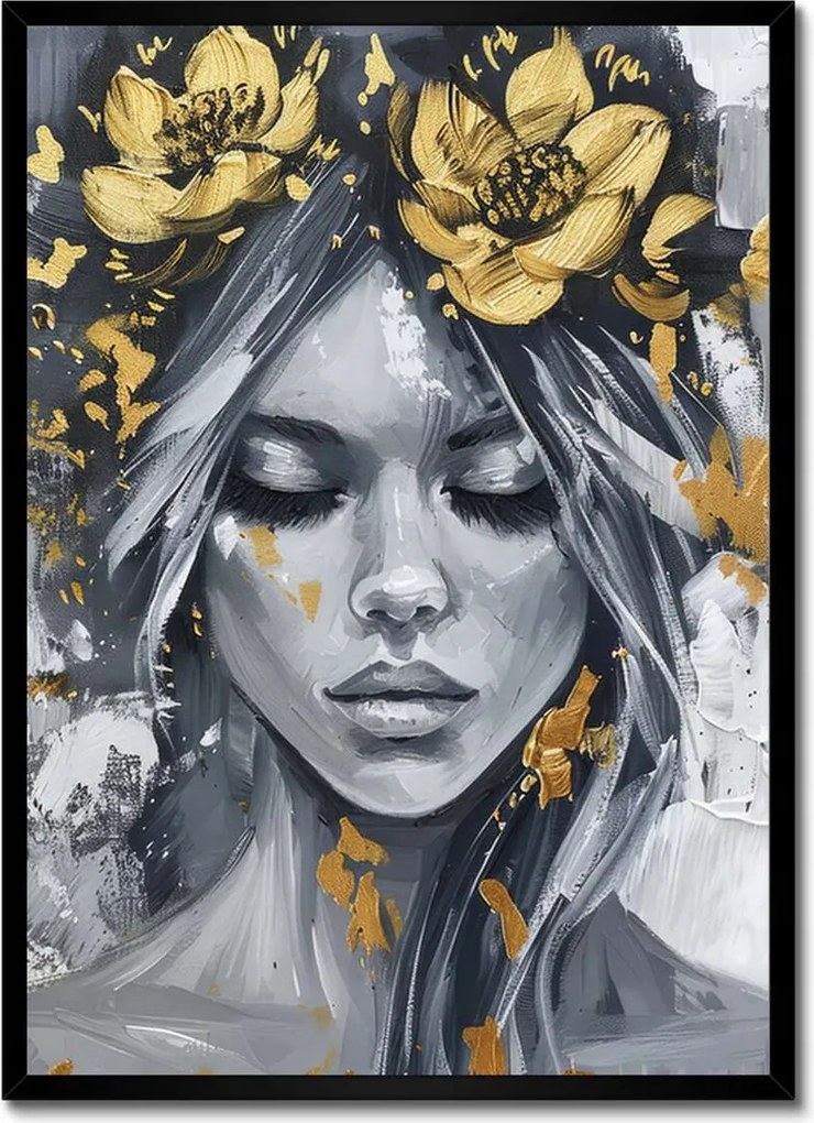 Poszter fekete keretben 50x70 Nő Absztrakt Arany Virág