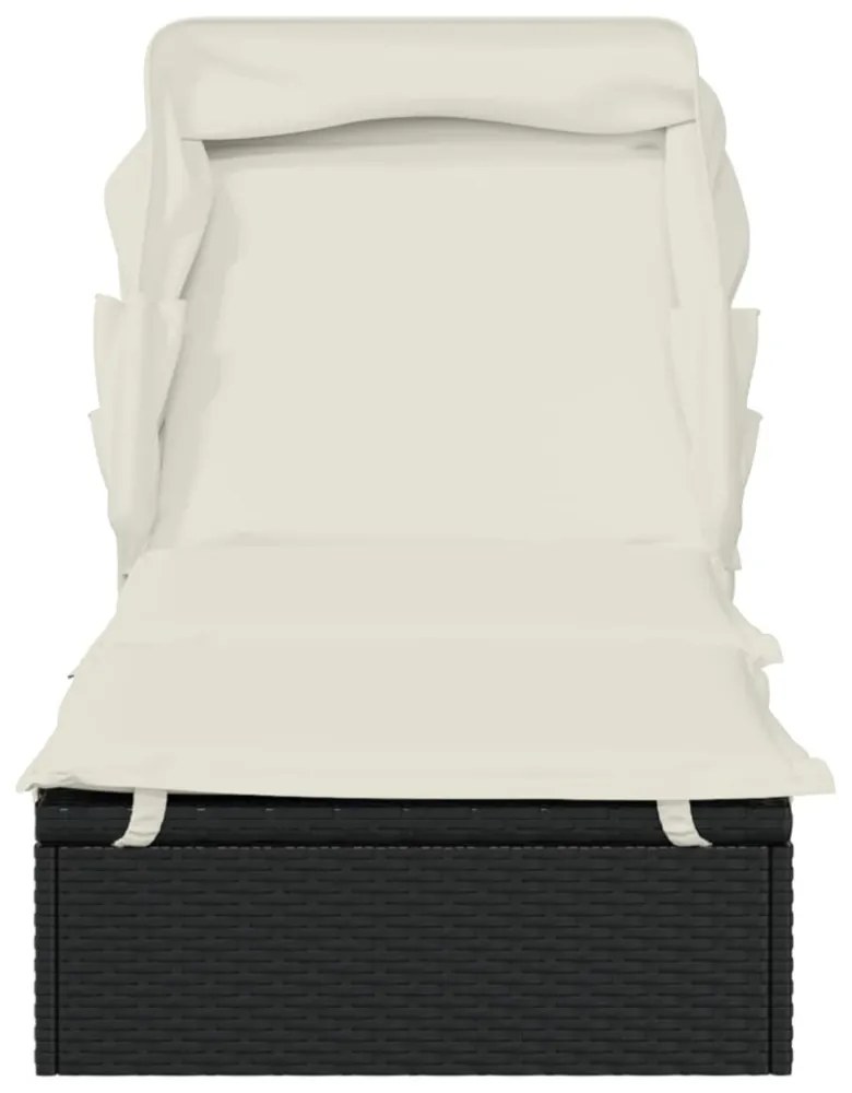 fekete polyrattan napozóágy összecsukható tetővel 213x63x97 cm