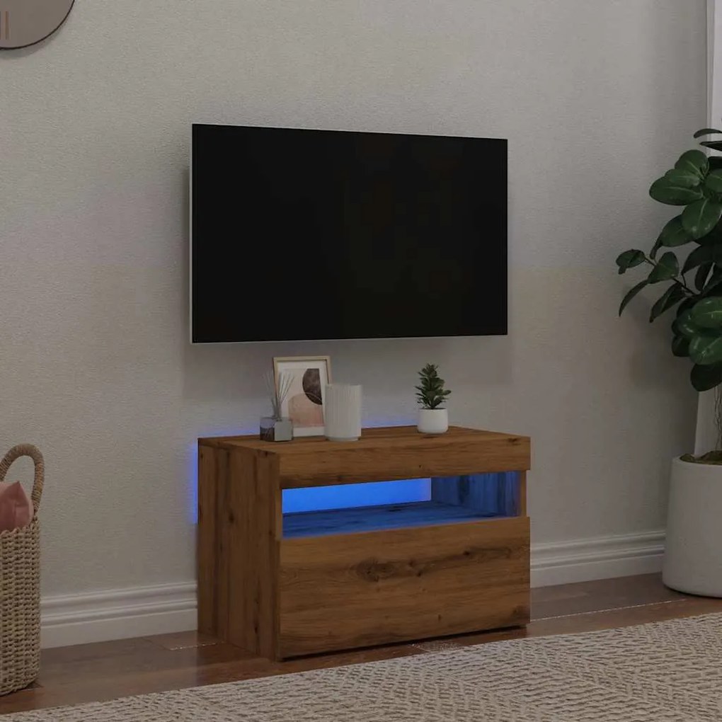 kézműves tölgy szerelt fa TV-szekrény LED-ekkel 60x35x40 cm