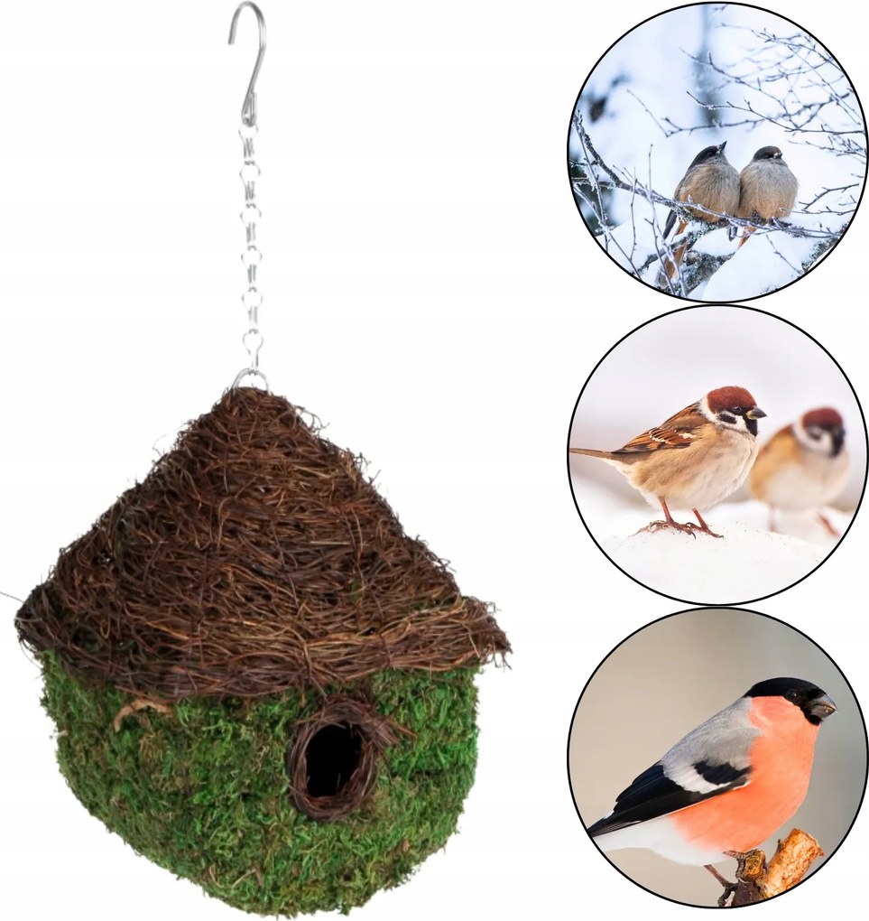 Dekoratív madárház fűből és mohából láncon 20x20x26/42 cm