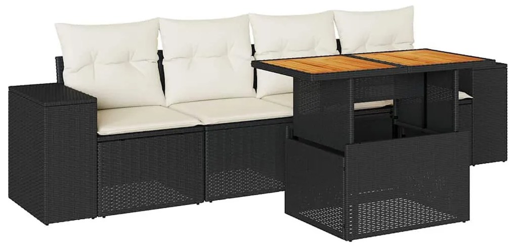 5 részes fekete polyrattan kerti kanapészett párnákkal