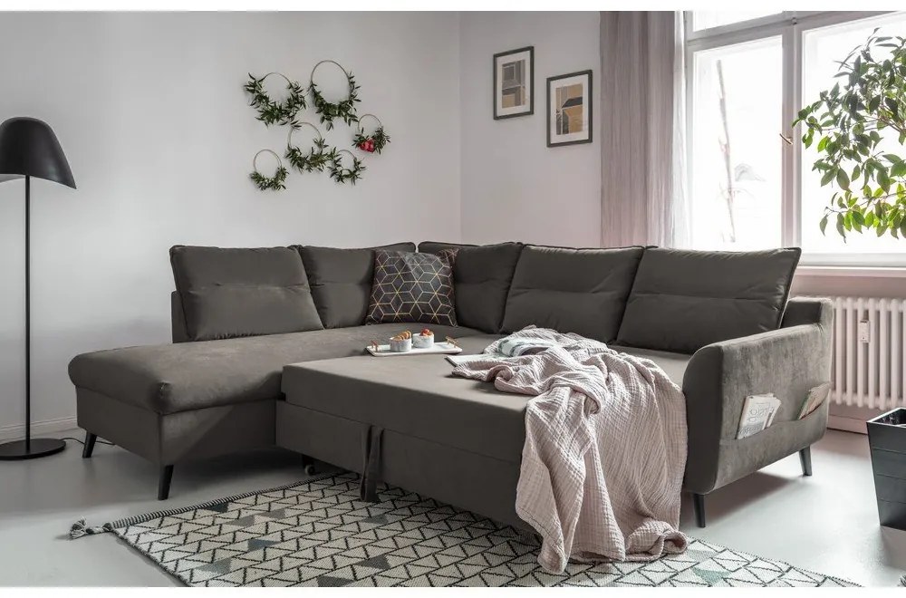 Stylish Stan L sötétszürke kinyitható bársony sarokkanapé, bal oldali - Miuform