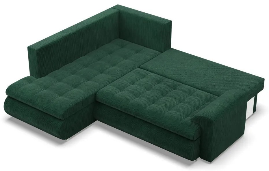 Tokio sarokkanapé, L alakú háttámlával, 2 ágyneműtartóval, kordbársony, baloldali, zöld