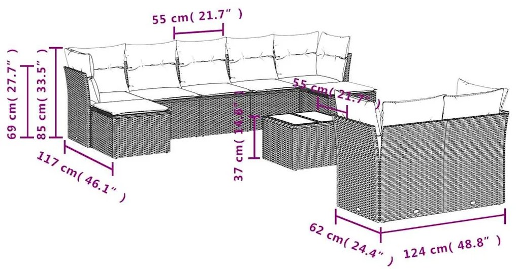 10 részes bézs polyrattan kerti ülőgarnitúra párnával