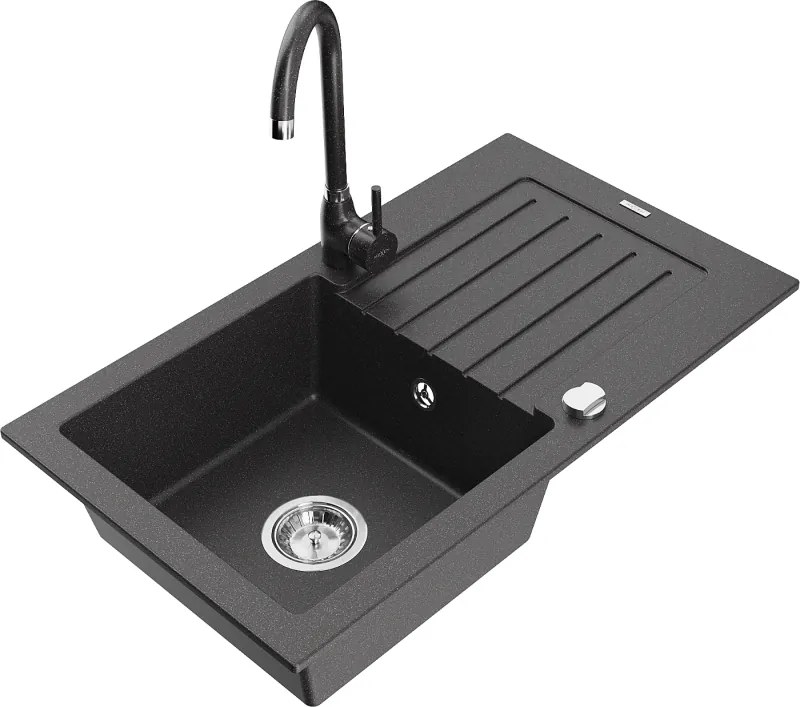 Mexen Pablo gránit mosogató 1-medencés csepegtetővel és Telma konyhai csapteleppel, fekete pöttyös - 6510-76-670200-76