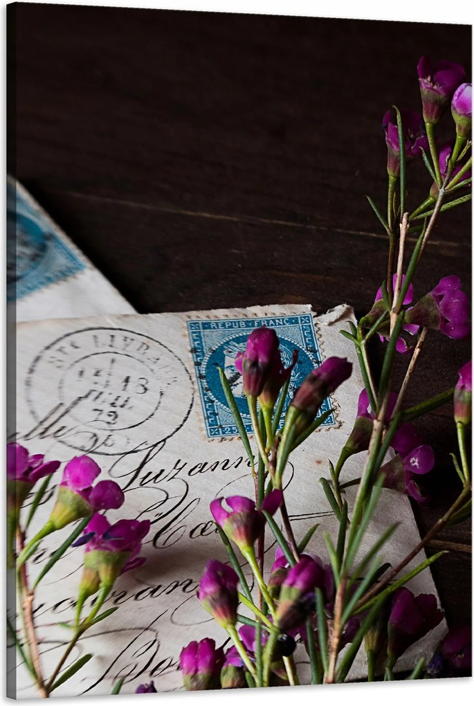 Vászonkép Levelek Lila Virágok Vintage 60x90