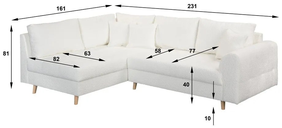 Fehér buklé sarokkanapé (bal oldali) Ariella – Ropez