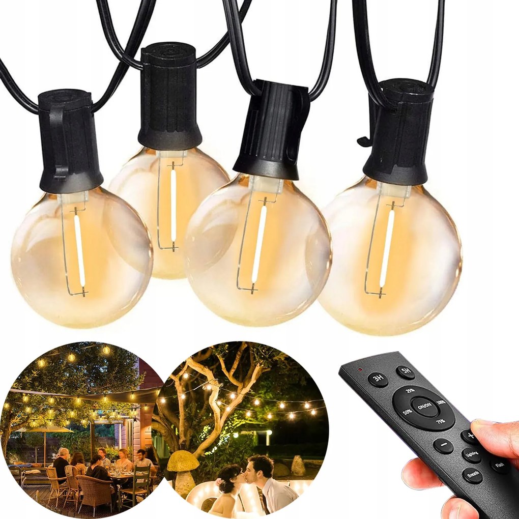 Kerti Girland 30m 50 izzó G40 Led Vízálló 2700K Meleg fehér