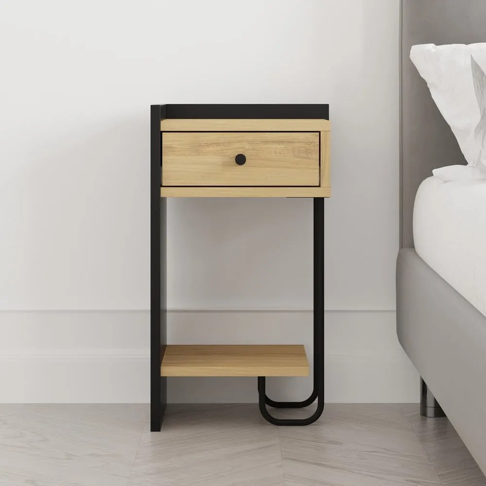 Fekete-natúr színű éjjeliszekrény tölgyfa dekorral Mercure – Marckeric