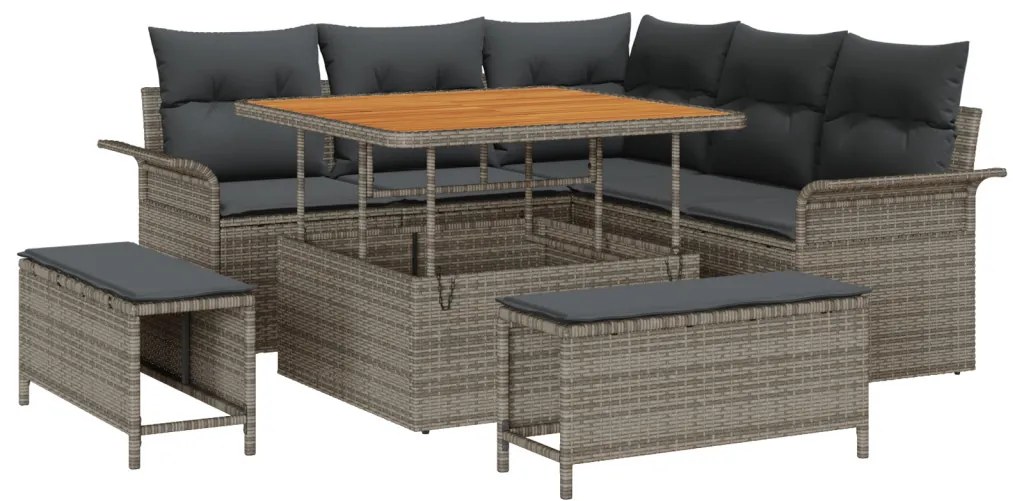 8 darabos kertibútor szett párnákkal, szürke poly rattan acacia