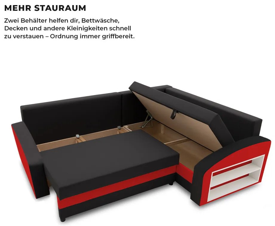 Grande sarokkanapé polcokkal , polc a jobb karfaban, jobboldali, szövet anyag, bonell töltet, fekete - piros