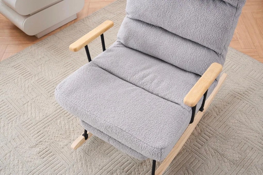 Hintaszék fa lábakkal, plüss szövettel, 4 fokozatban állítható háttámlával, Szürke színben