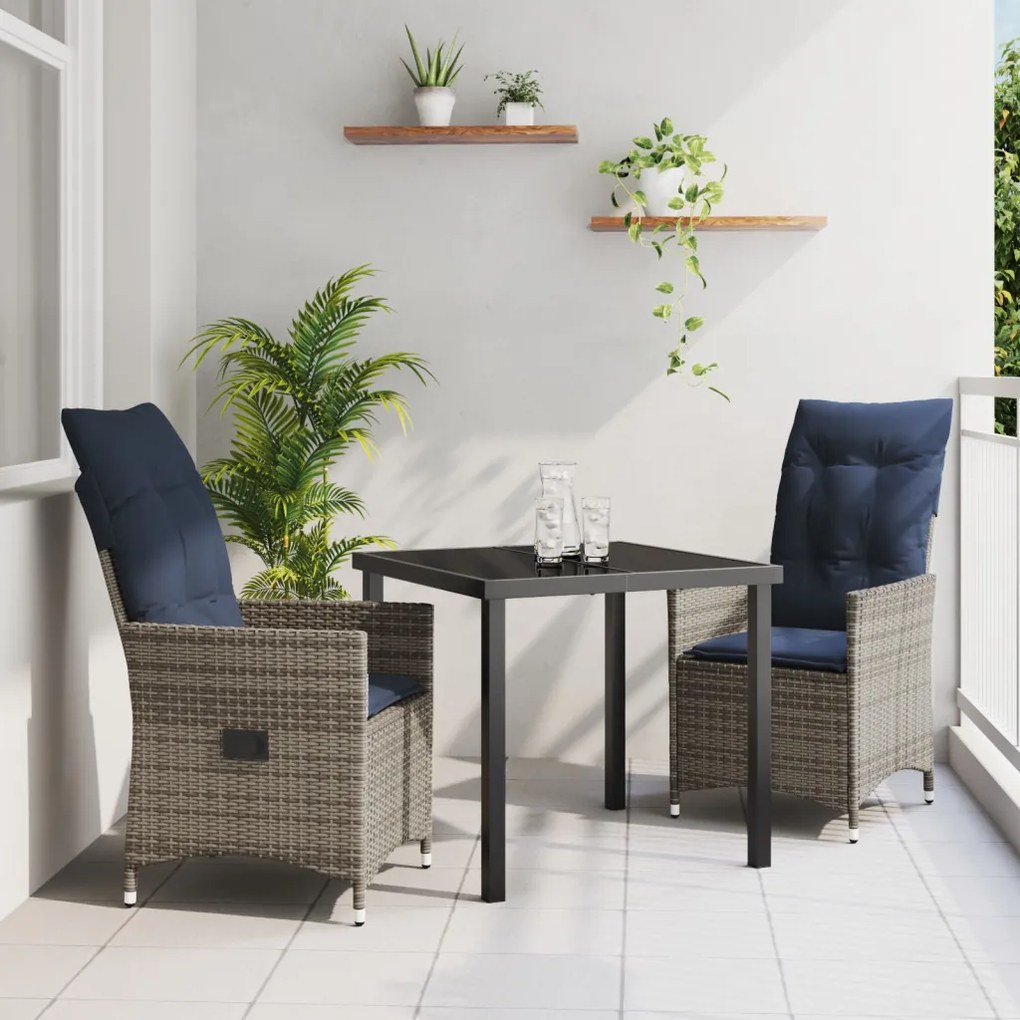 3 Részes Kerti Étkező Szett Párnákkal Szürke Poli Rattan, Kerti Asztal Fekete 80x80x73 cm Edzett Üveggel