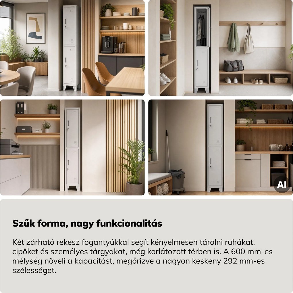 Öltözőszekrény fém munkahelyi mély 2 ajtós szürke, 292x1720x600 mm: BARTEK 1 Plus D600