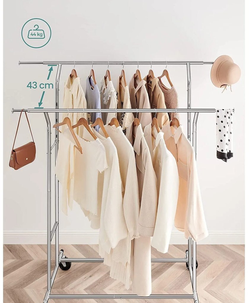 Gurulós ruhaállvány 110kg teherbírással, króm 129-169 cm között állítható