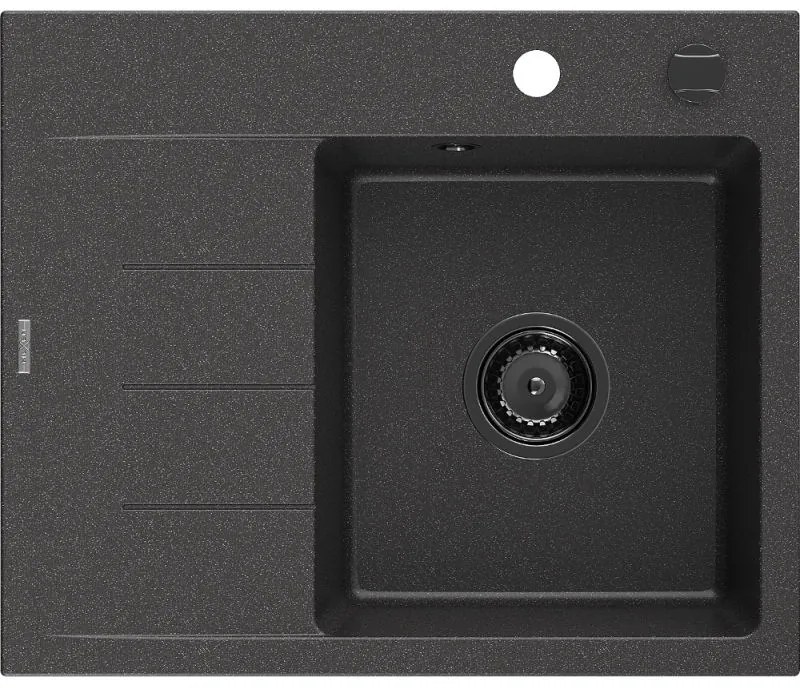 Mexen Ben gránit mosogató 1 medencés csepegtetővel, jobb oldali, 600 x 500 mm, fekete pöttyös, fekete szifonnal